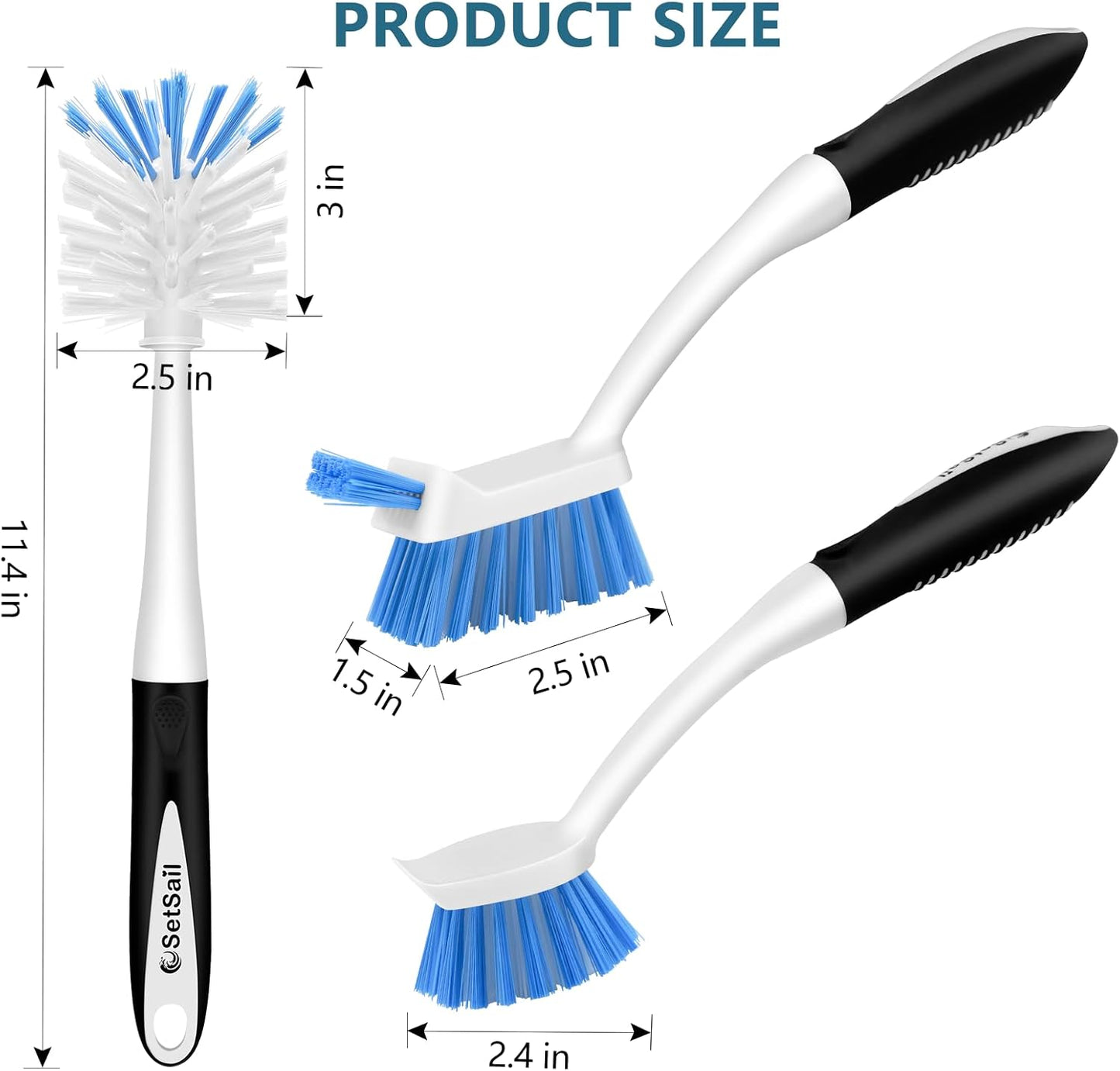 SetSail Dish Brush Set of 3 with Bottle Brush, Dish Scrub Brush with Long Handle Deep Cleaning
