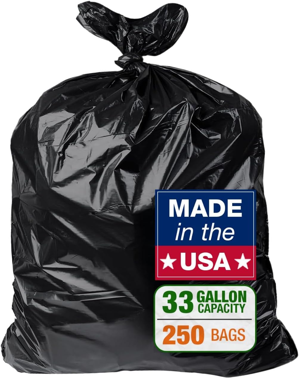 32-33 Gallon Black Trash Bags, Heavy-Duty | 32” x 38” | 250 Count Bulk Pack | Large, Durable &