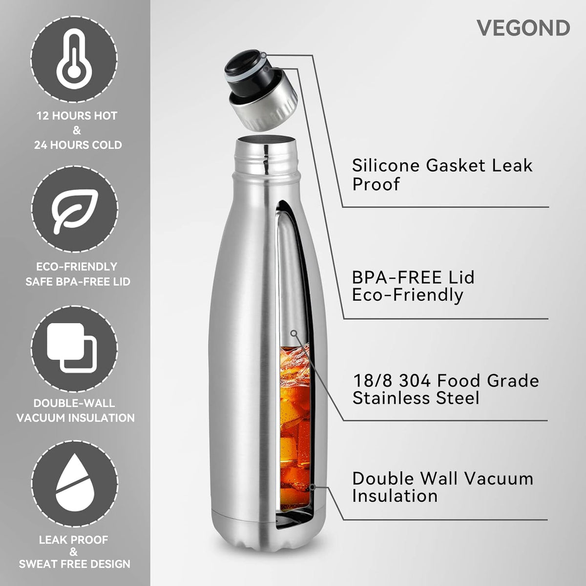 VEGOND 17oz Stainless Steel Water Bottles Bulk, Reusable Metal Sports Water Bottle Keeps Drink Hot