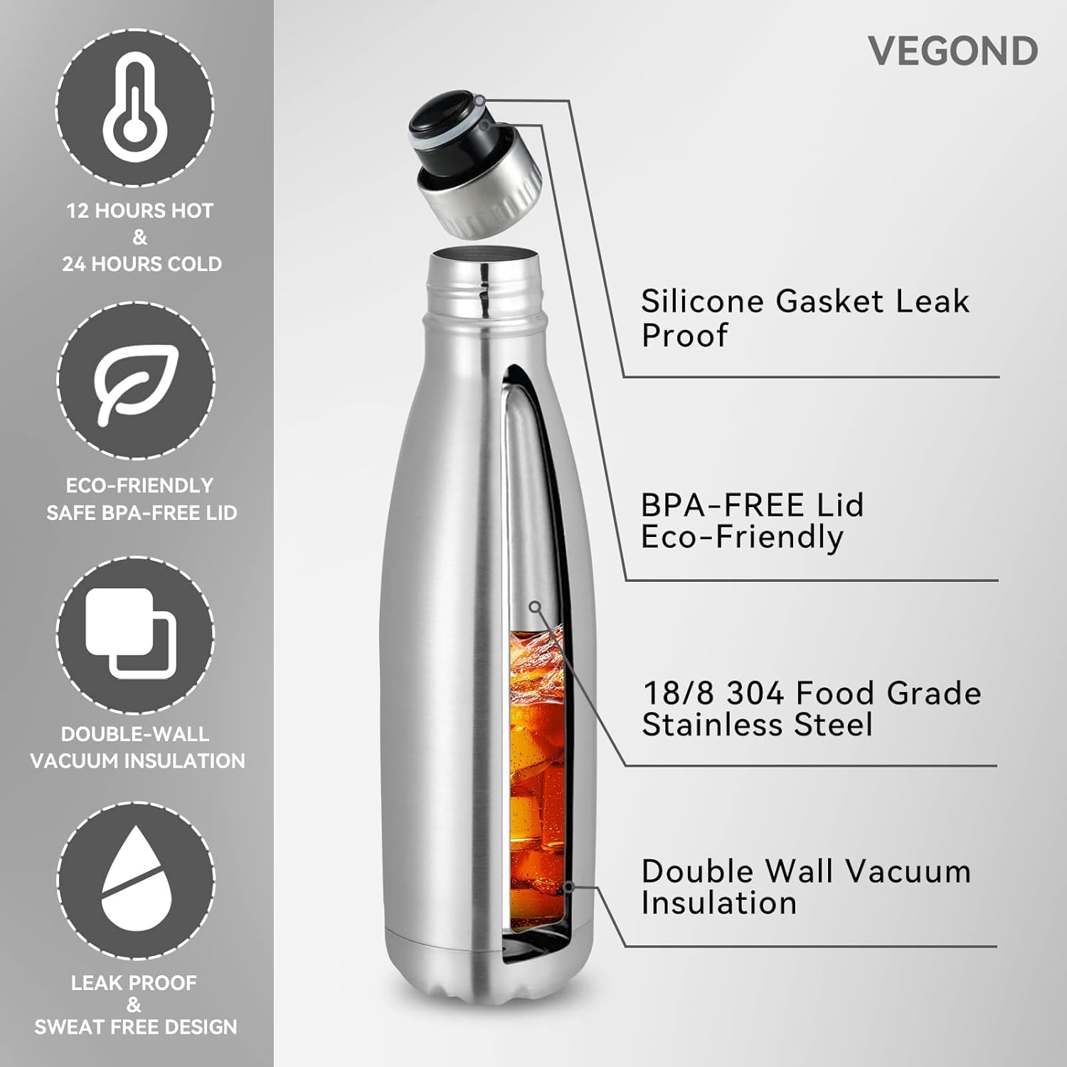 VEGOND 17oz Stainless Steel Water Bottles, Reusable Metal Sports Water Bottle Keeps Drink Hot and