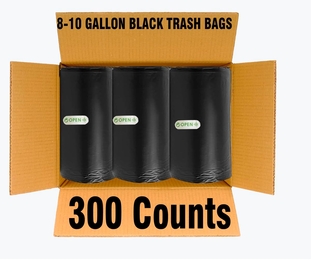 8-10 Gallon Trash Bags, 300 Count Black Garbage bags, Multi-purpose Trash Can Bin Liners for