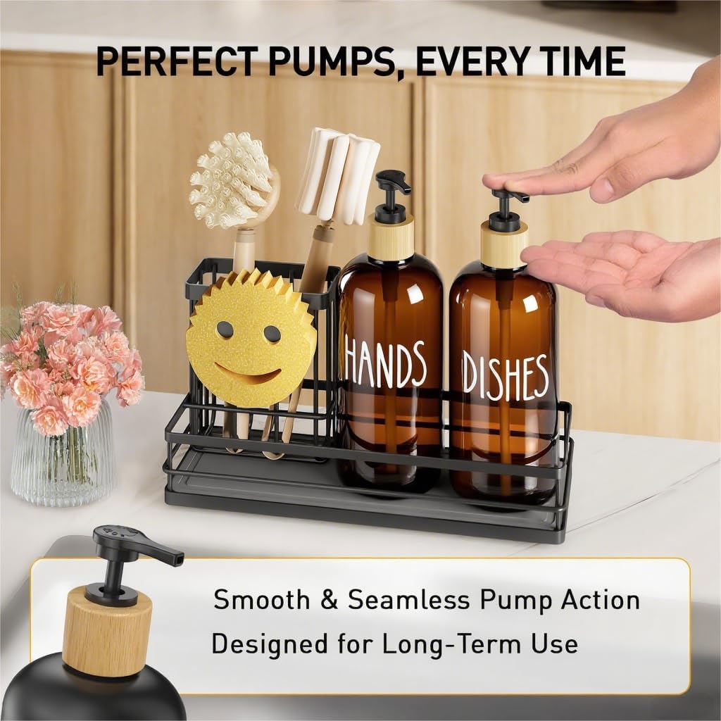 Moforoco Kitchen Dish Soap Dispenser Set, 16OZ Glass Bottle, Hand and Dish Soap Dispenser Set