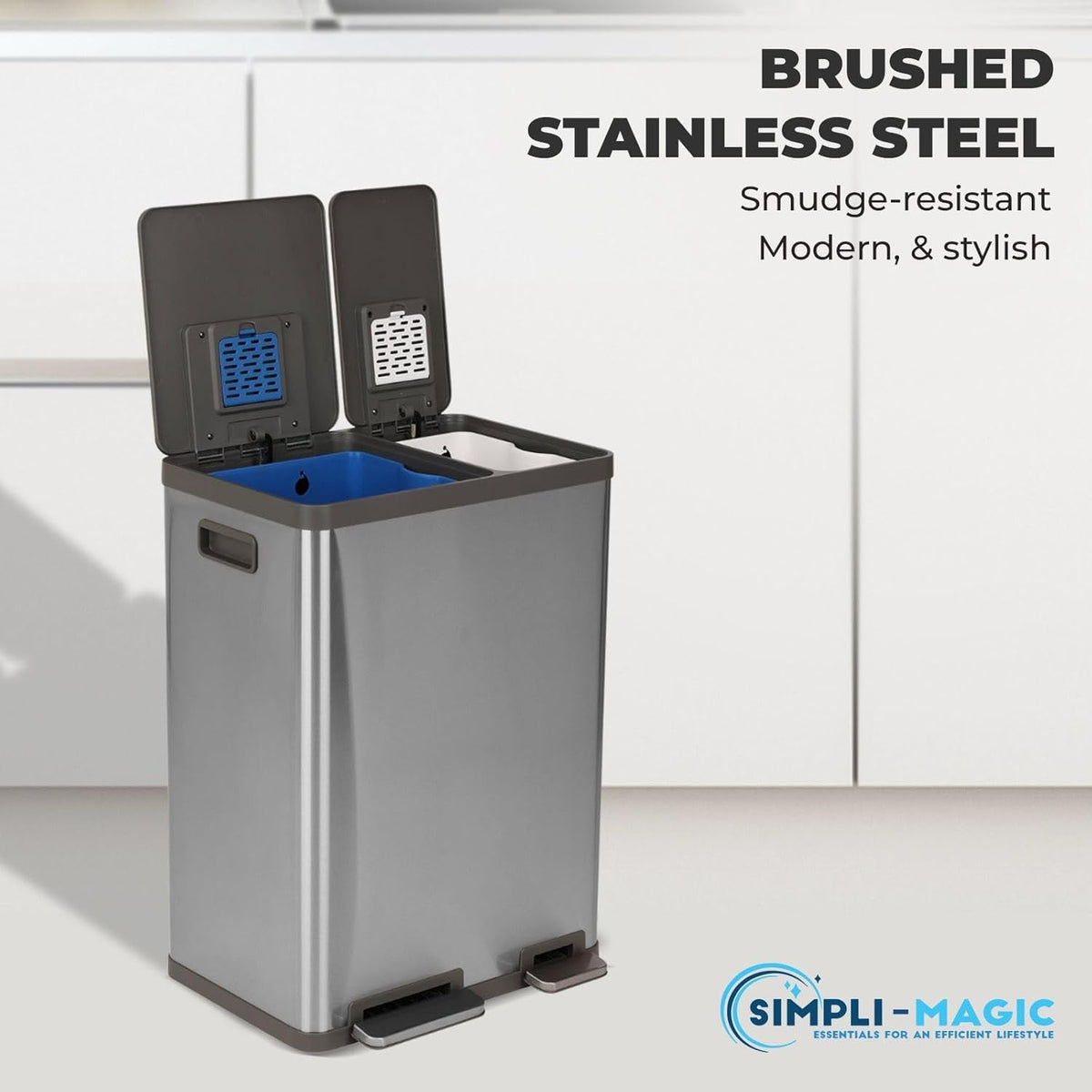 Simpli-Magic 16 Gallon (38L x 22L) Dual Compartment Step Trash Can – Kitchen Garbage Can with Waste