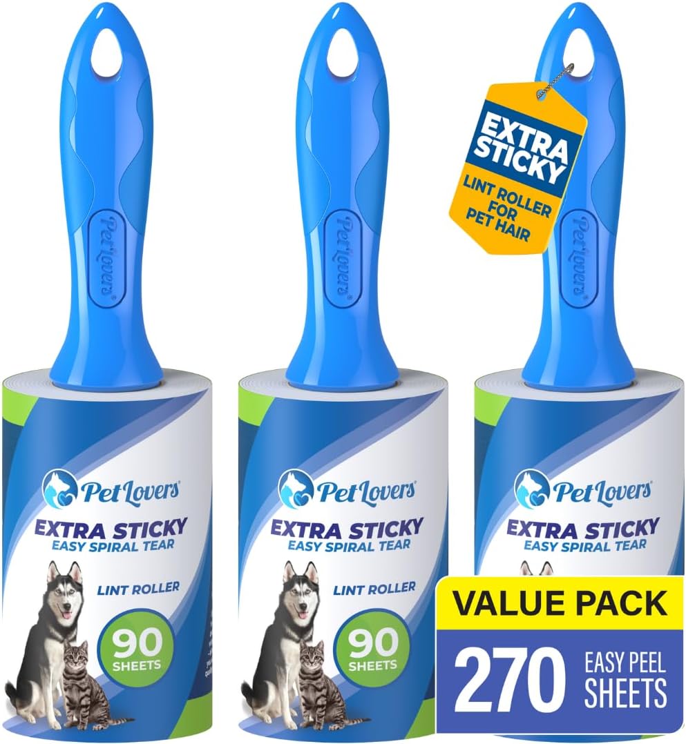 PetLovers Extra Sticky Lint Roller Value Set 270 Sheets for Pet Hair Removal and Clothes, Dog and