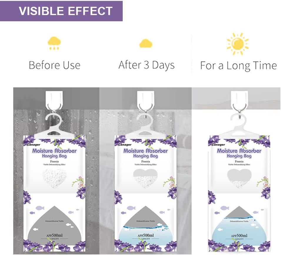 CANAGER Hanging Moisture Absorber, Freesia Moistureproof Hanging Bag，Dehumidifier Bag (8 packs)