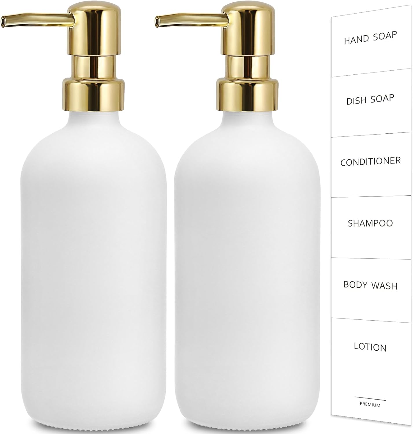 GMISUN White Soap Dispenser, 2 Pack Glass Hand Soap Dispensers Bathroom with Gold Pump, 17 Fl Oz