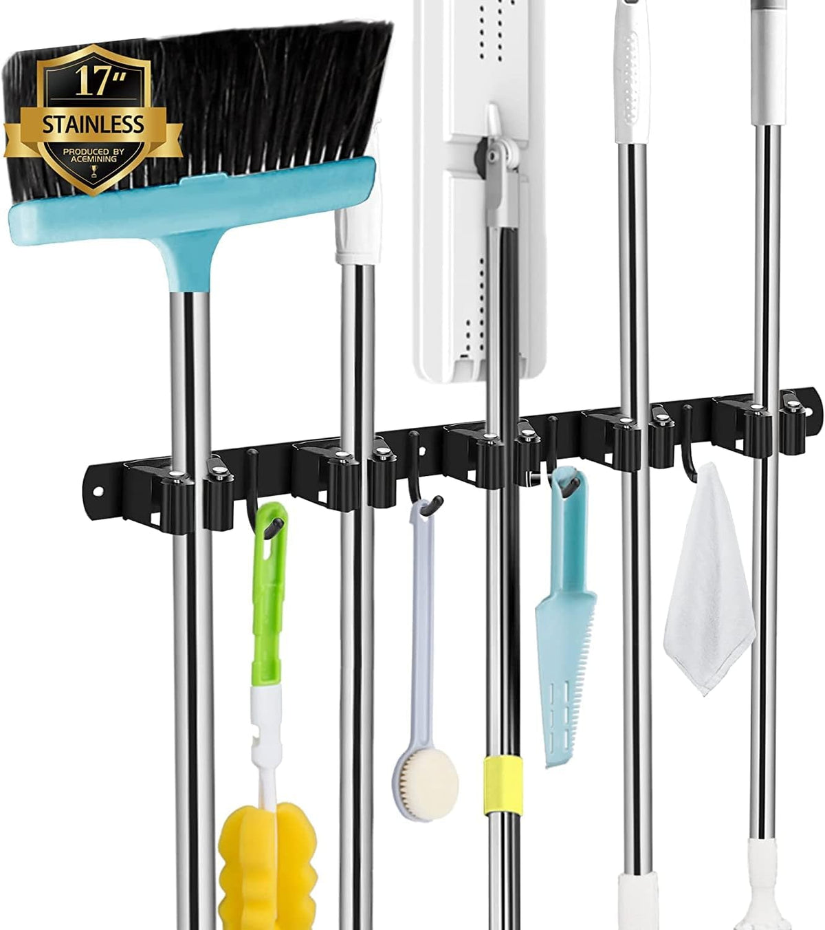 Black 5 Racks and 4 Hooks Mop and Broom Holder Wall Mount, Broom Organizer Storage Tool Racks