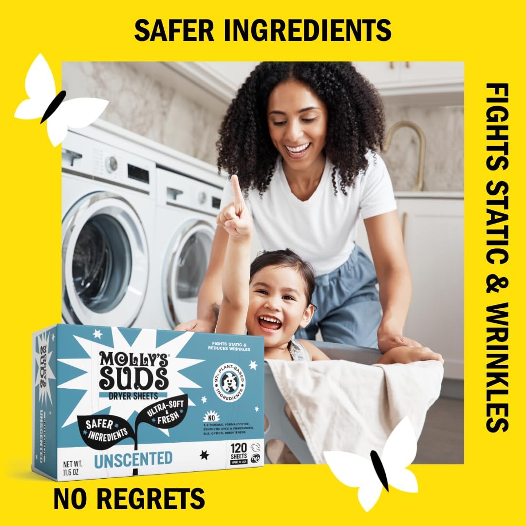 Molly's Suds Fabric Softener Dryer Sheets for Sensitive Skin | Plant-Based Static Reducer