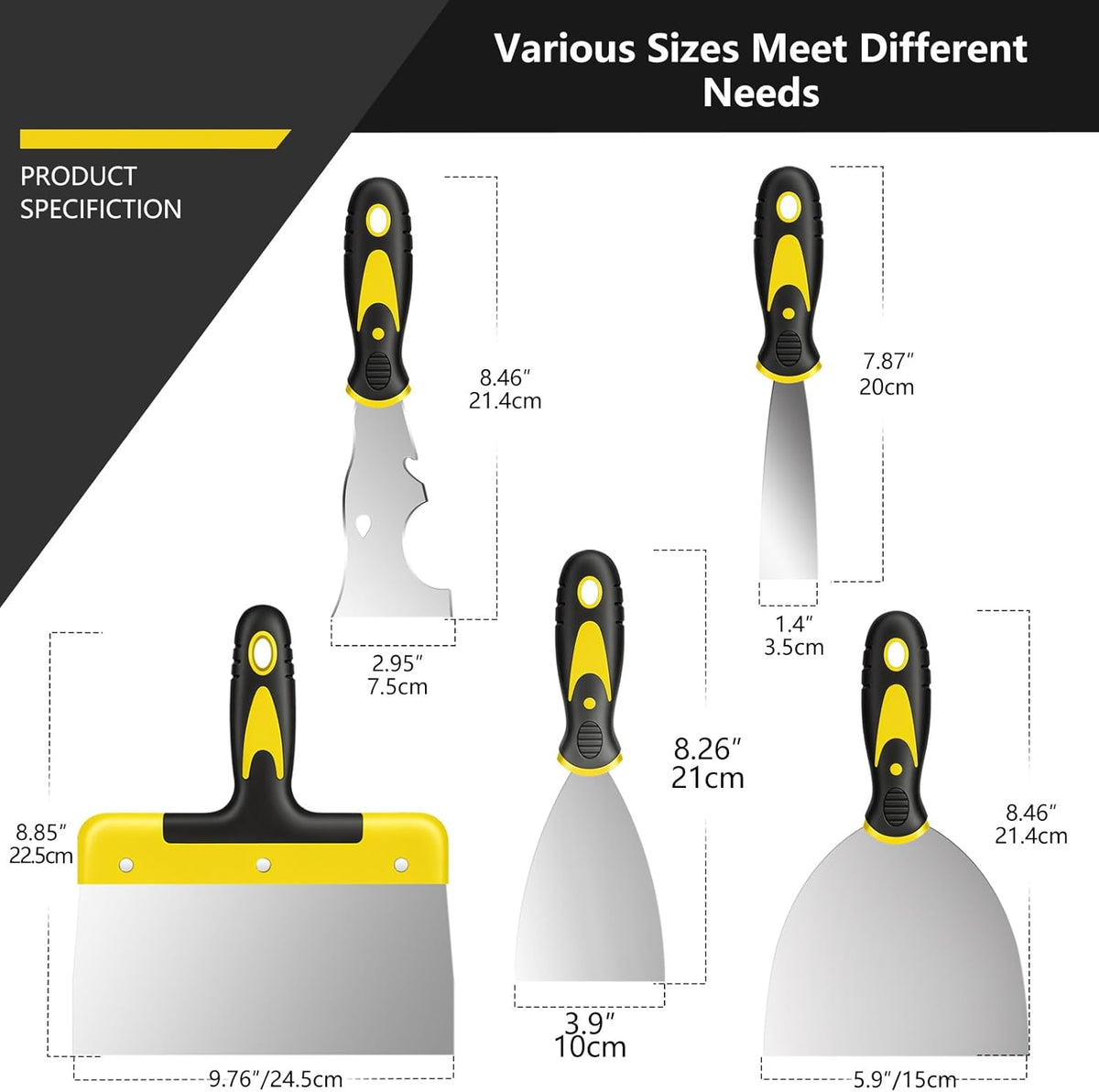 Spackle Knife Set, 5 PCS Stainless Steel Putty Knife Set Include 4 Paint Scrapers and 1 Multi