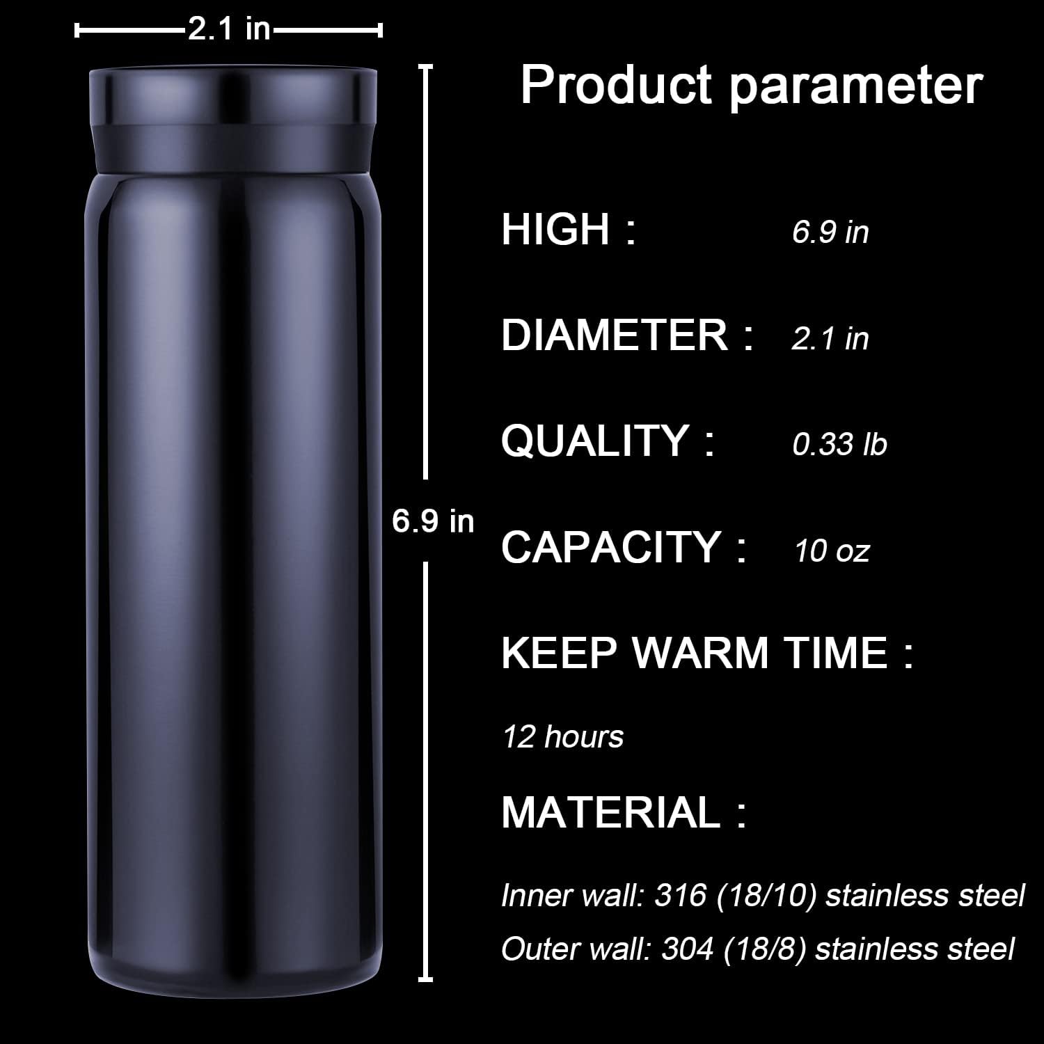 10oz Mini Water Bottle Stainless Steel Thermos Small Flask - Insulated Vacuum, Leak Proof, Keeps