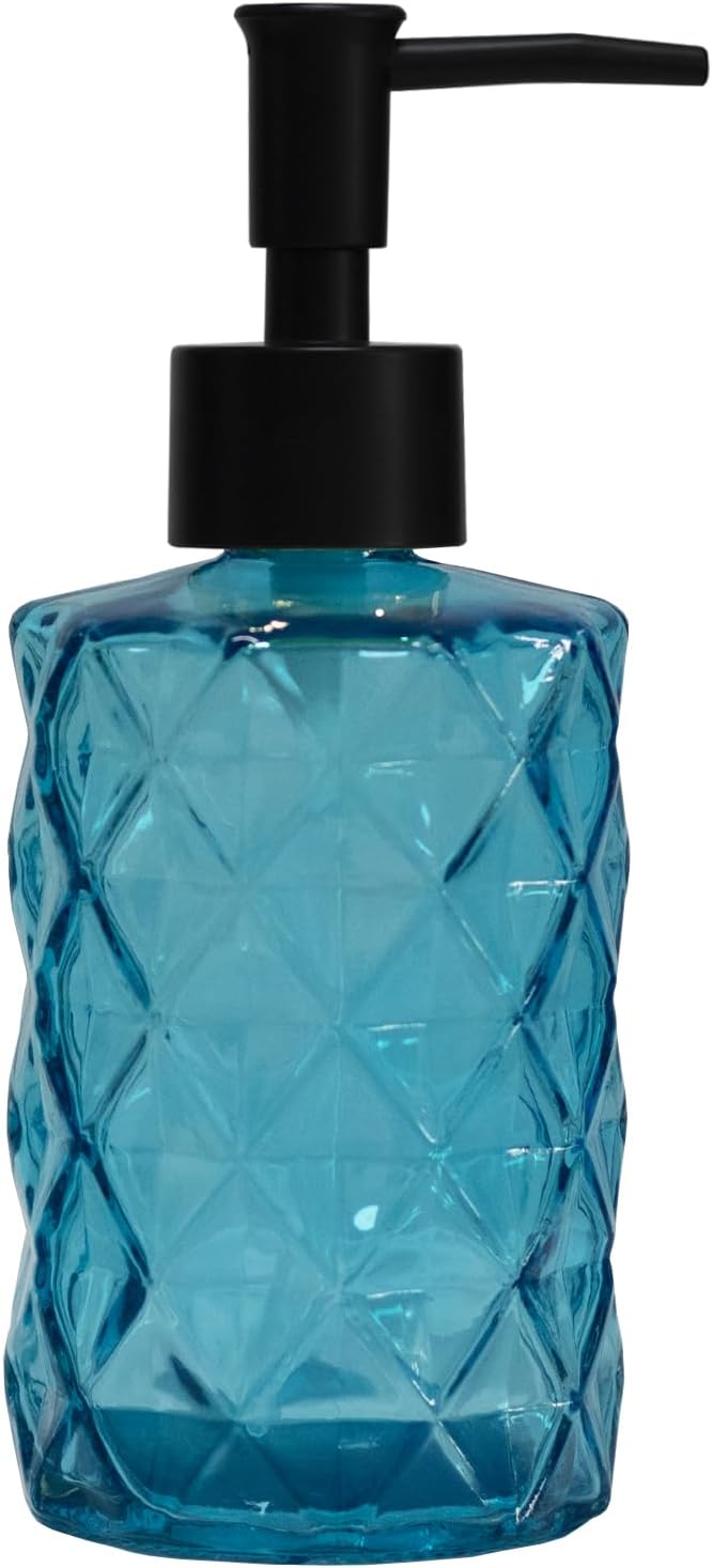 Blue Glass Soap Dispenser with Black Plastic Pump, 12oz Refillable Liquid Hand Soap Dispenser