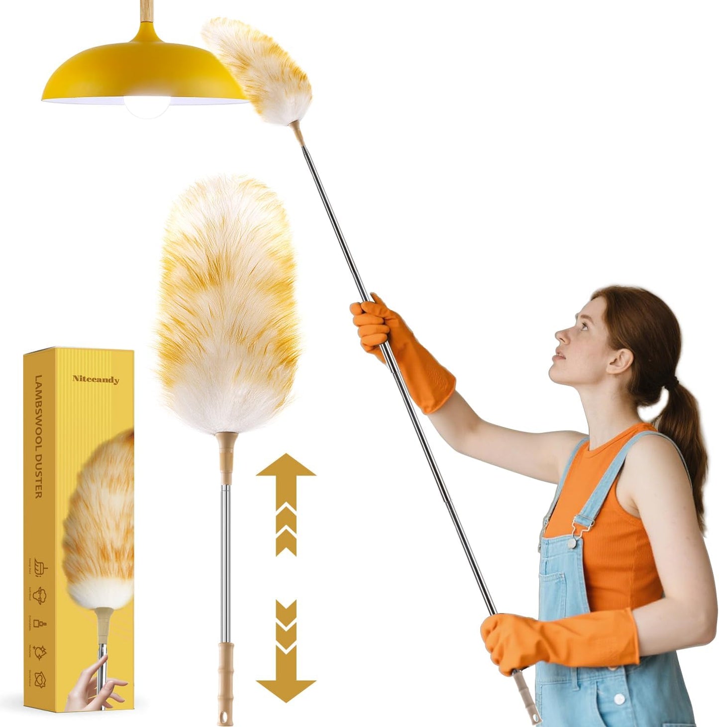 Extendable Lambswool Duster 30-100 Inch, Stainless Steel Long Handle Duster, Natural Feather Duster