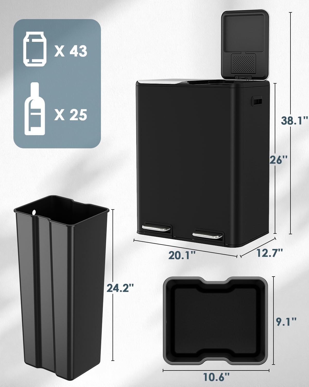 Arlopu 16Gal Dual Trash Can w/2 Built-in Box for Odor Control, Hands-Free Kitchen Garbage Bin