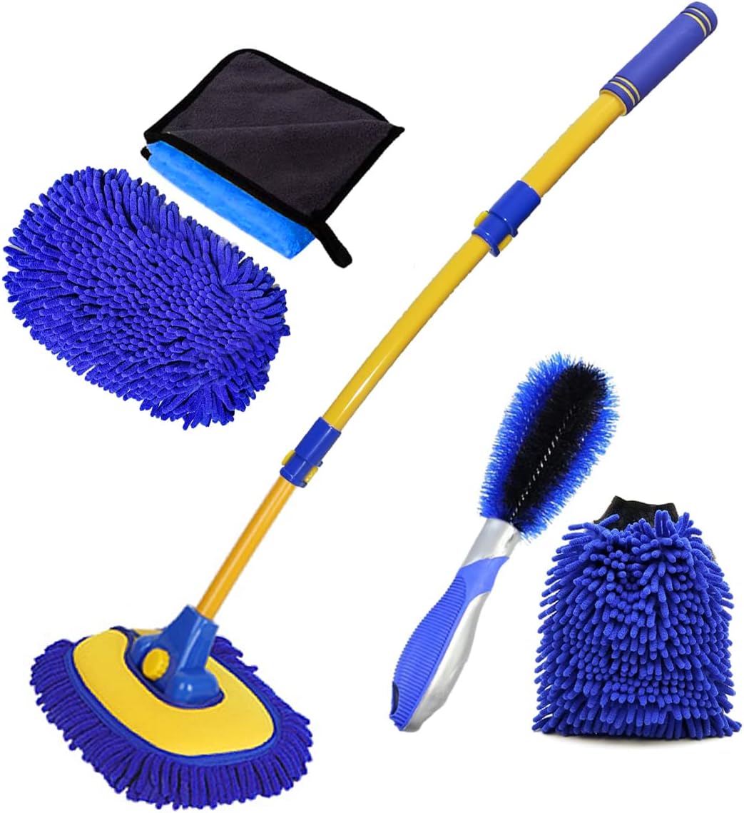 Car Wash Brush With Long Handle, Chenille Microfiber Mop Mitt, 1 Replacement Head, Wheel Brush