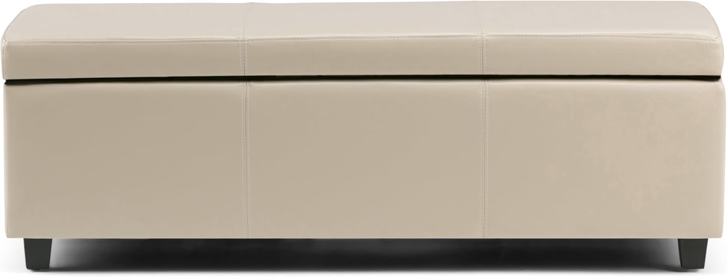 SIMPLIHOME Avalon 48 inch Wide Contemporary Rectangle Storage Ottoman Bench in Satin Cream Vegan