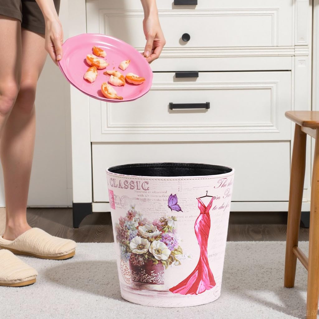 PU Leather Small Trash Can Wastebasket, Round Garbage Container Basket for Bathrooms, Laundry Room