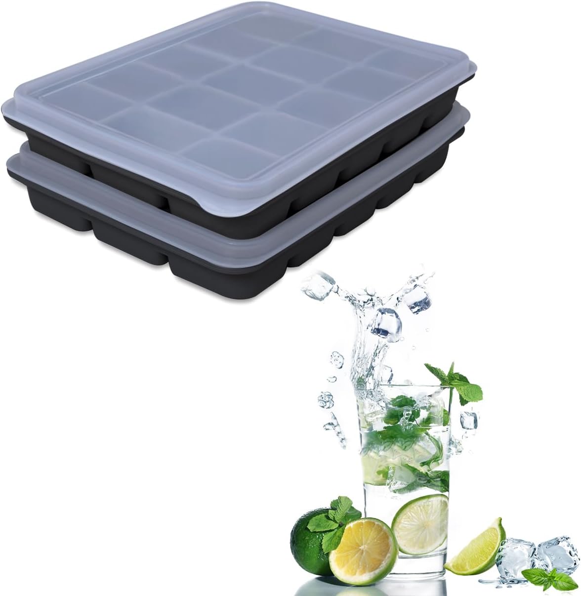 Tvmania Ice Cube Trays Set of 2, Easy Release 15 Flexible Silicone Ice Cube Molds with Removable