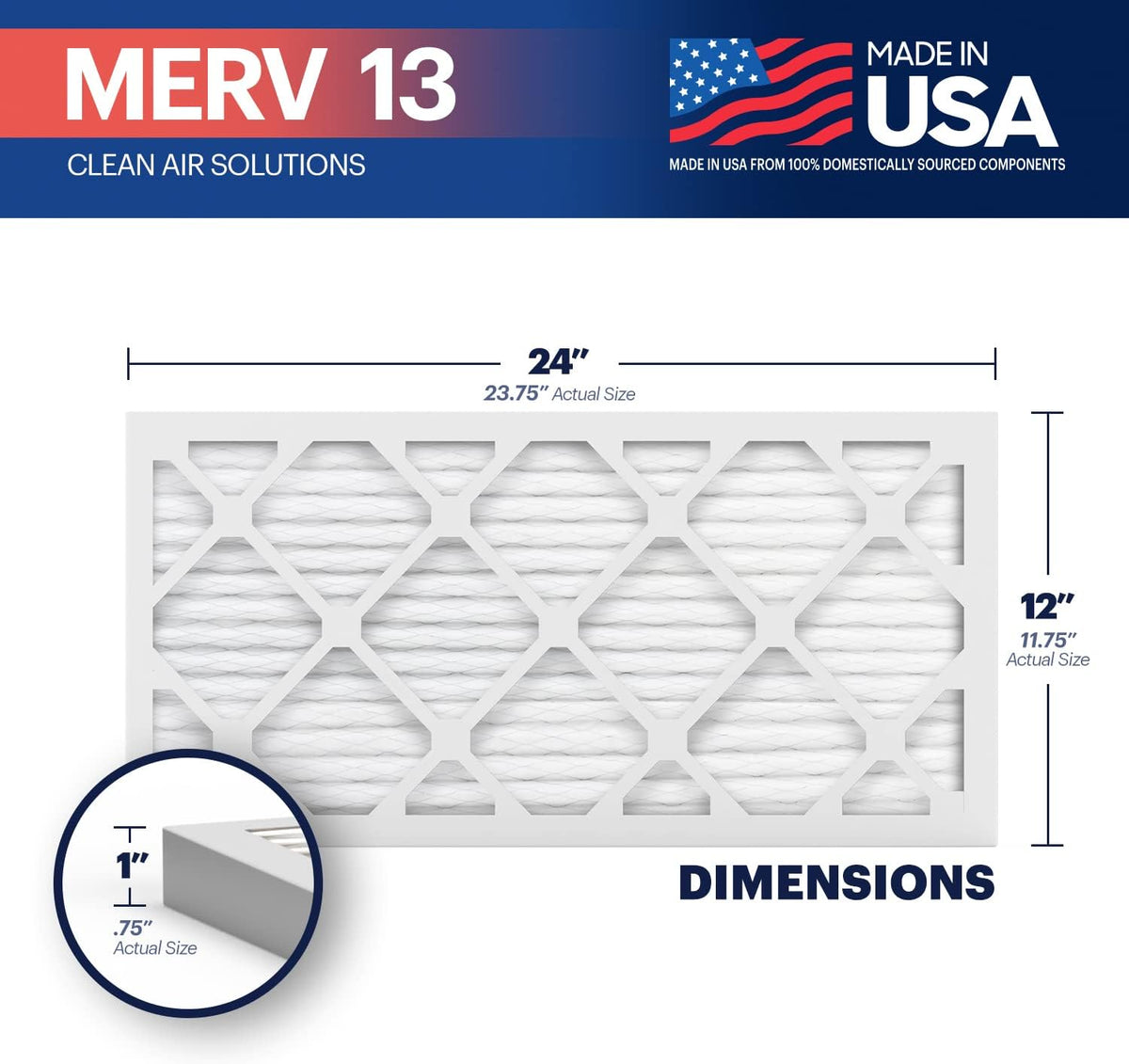 BNX TruFilter 12x24x1 Air Filter MERV 13 (4-Pack) - MADE IN USA - Electrostatic Pleated Air