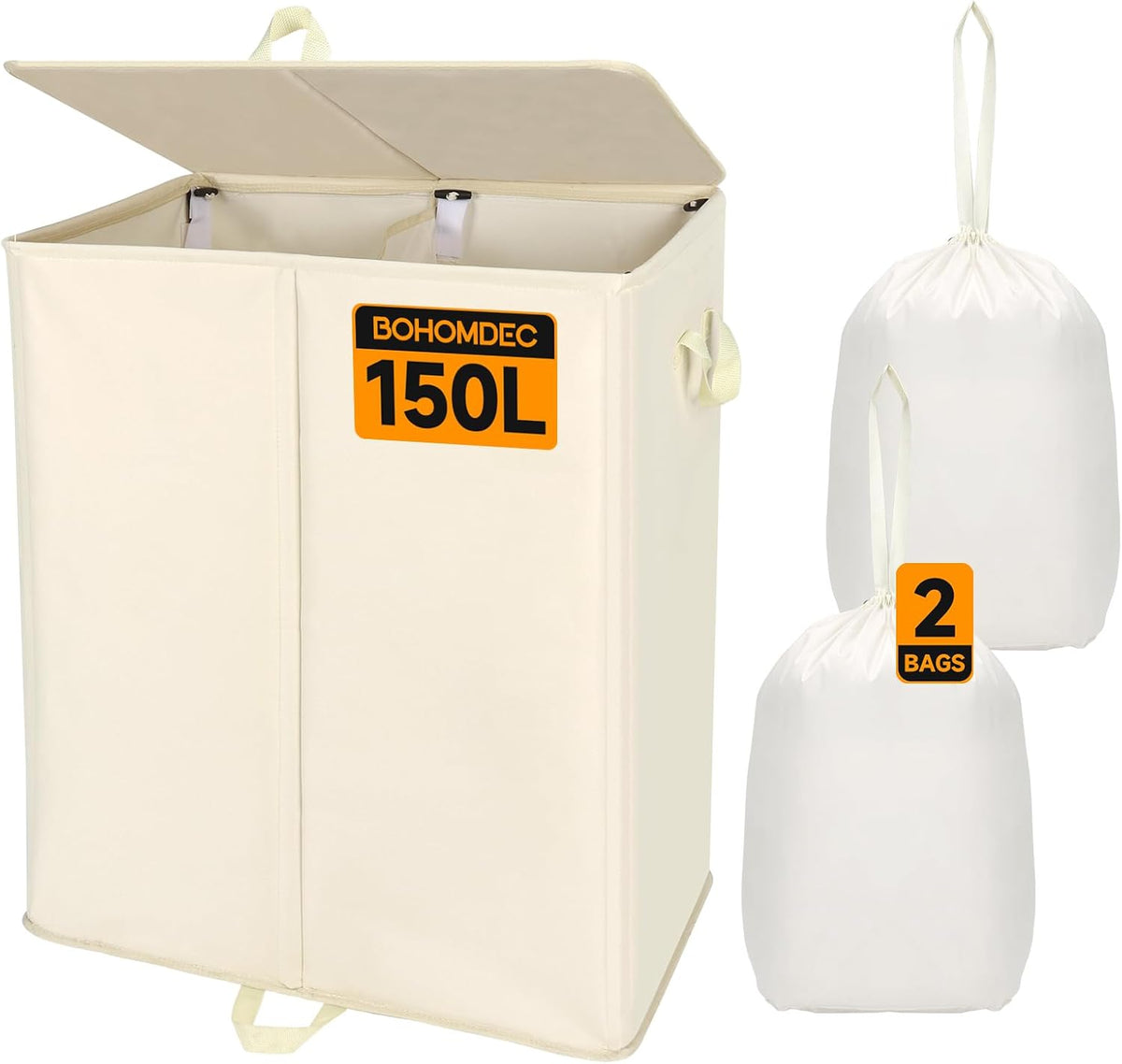 150L Double Laundry Hamper with Lid and Removable Bags,28in Tall Laundry Basket 2 Section,Large