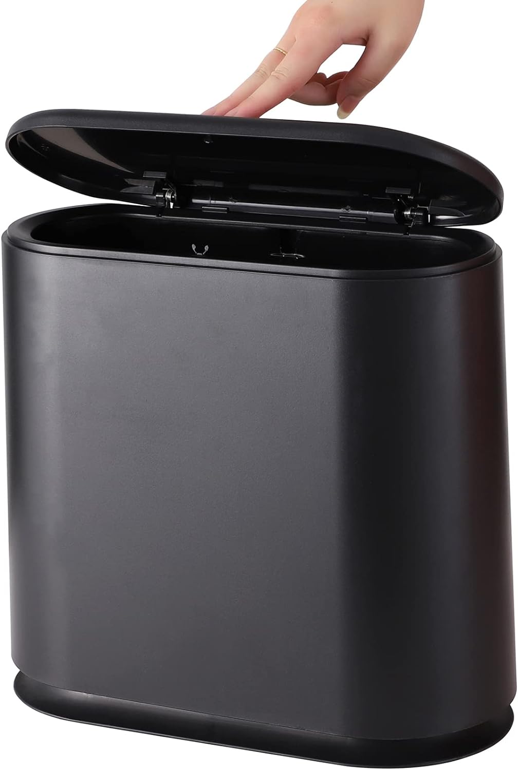 Black Slim Bathroom Trash Can with Press Top Lid,12 Liter Small Thin Garbage Can,3.17 Gallon Narrow