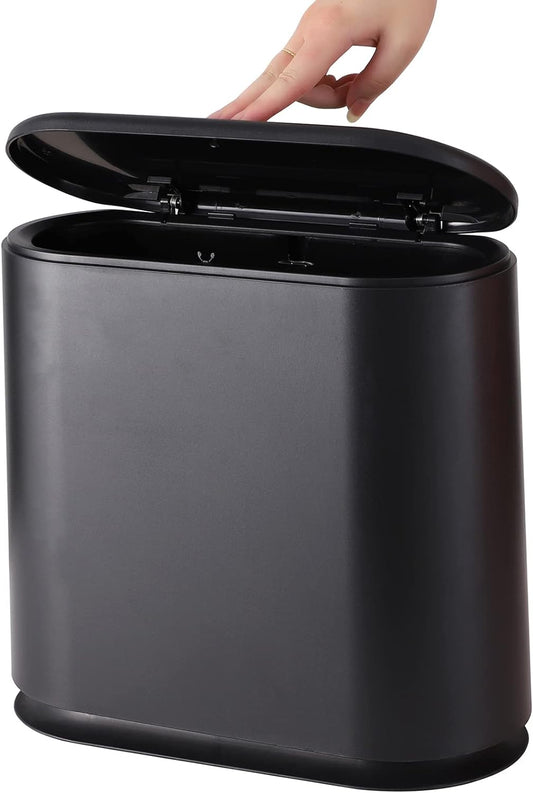Black Slim Bathroom Trash Can with Press Top Lid,12 Liter Small Thin Garbage Can,3.17 Gallon Narrow