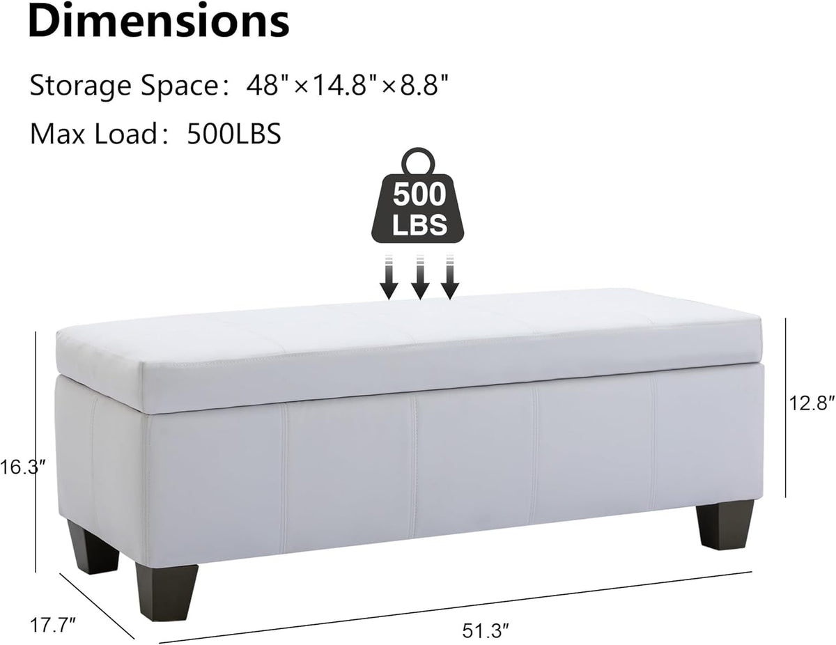 51 Inch Faux Leather Ottoman with Storage, End of Bed Bench with Large Storage, Rectangular Extra
