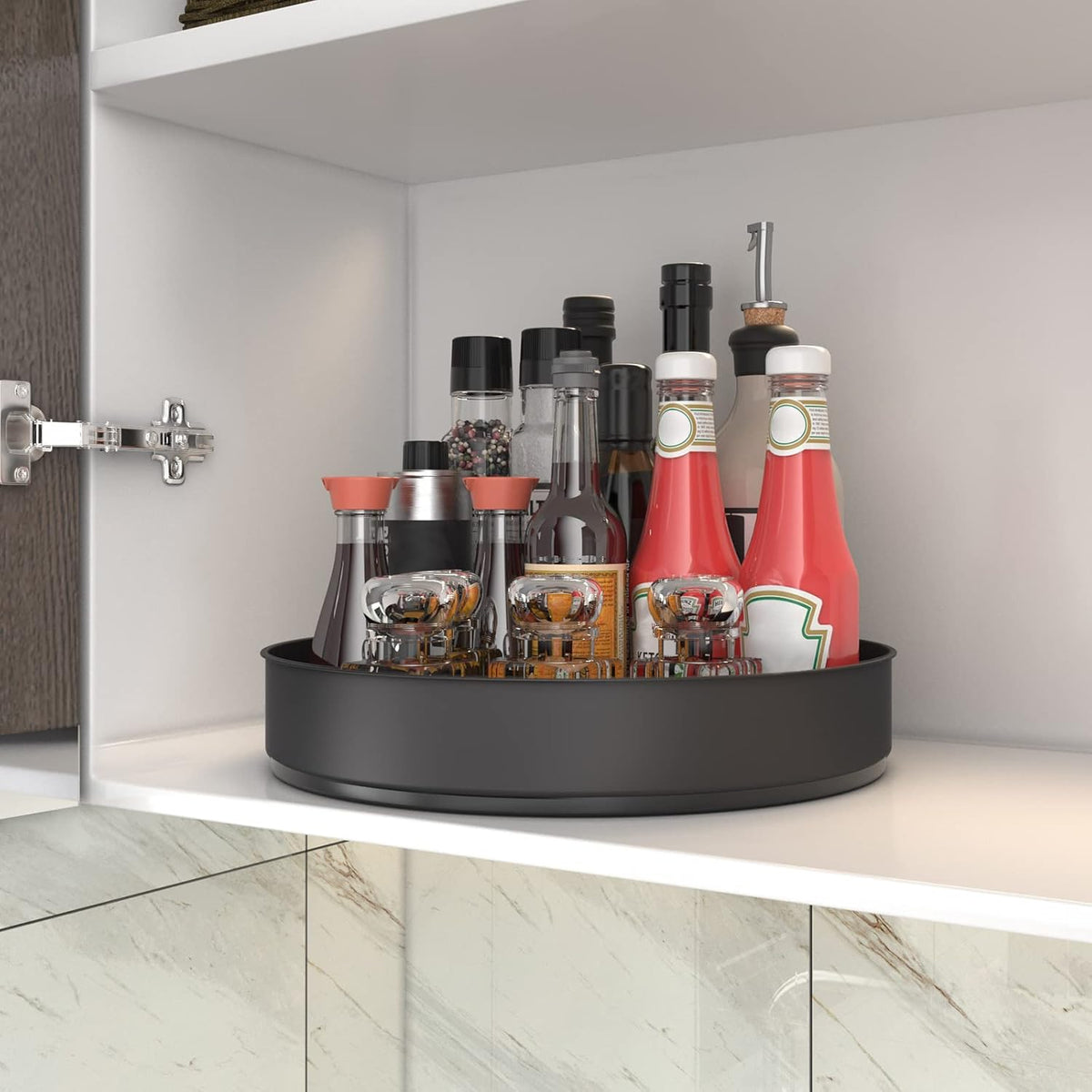 VAEHOLD Lazy Susan Stainless Steel Black Spice Rack Turntable for Pantry Cabinet - Decorative Trays