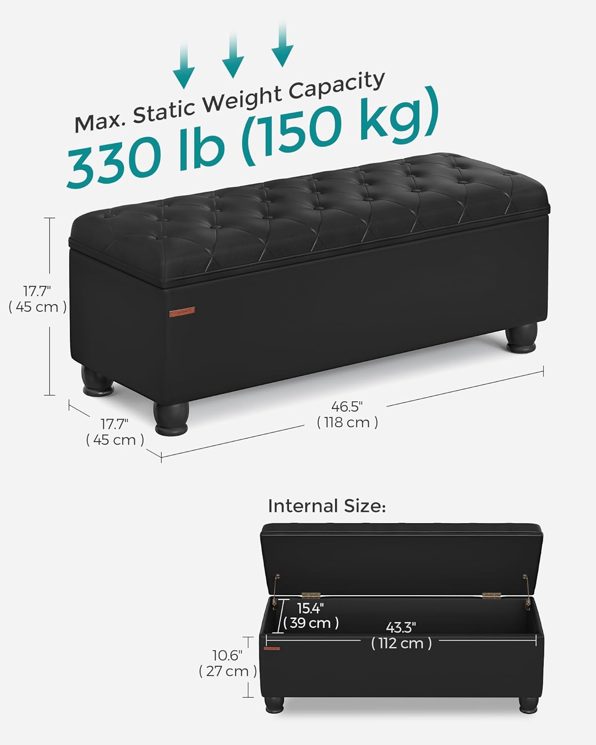 SONGMICS Storage Ottoman, Storage Bench, Tufted Entryway Bedroom Bench, 17.7 x 46.5 x 17.7 Inches