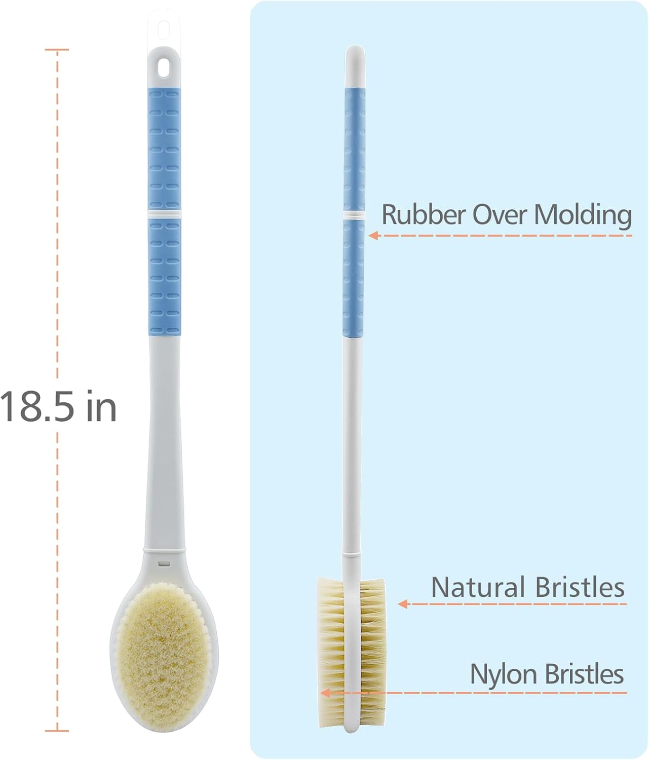 Shower Brush with Soft and Stiff Bristles,18.5" Long Handle Dual-Sided Back Scrubber Bath Brush