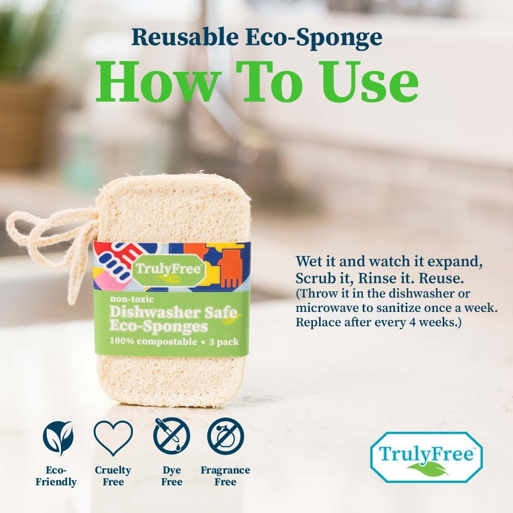 Truly Free Natural Cleaning Sponges, 100% Organic Luffa Dish Scrubber, Plant-Based Compostable