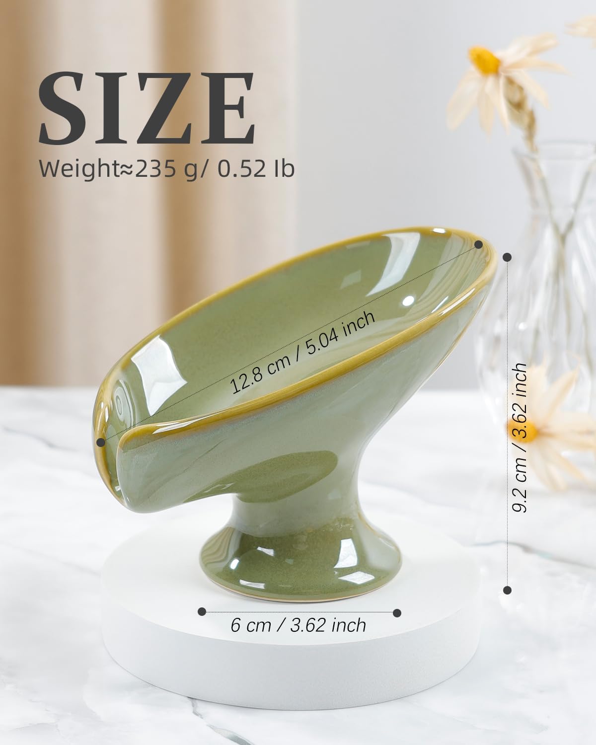 Soap Dish, Self Draining Bar Soap Holder for Bathroom Sink, Leaf Shaped Drainage Ceramic Olive