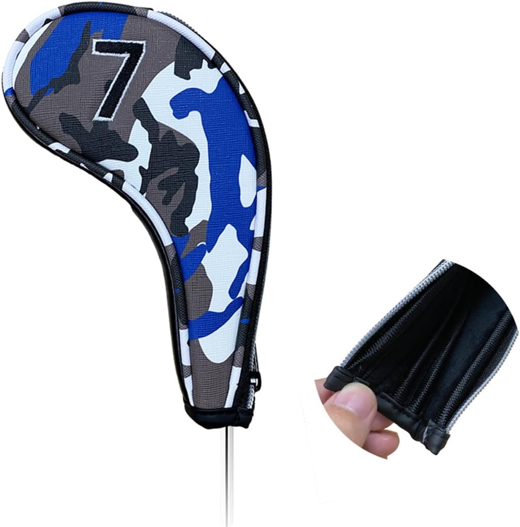 9pcs PU Leather Camouflage Blue Zipper Long Neck Design Golf Iron Headcovers Both Side Number Golf