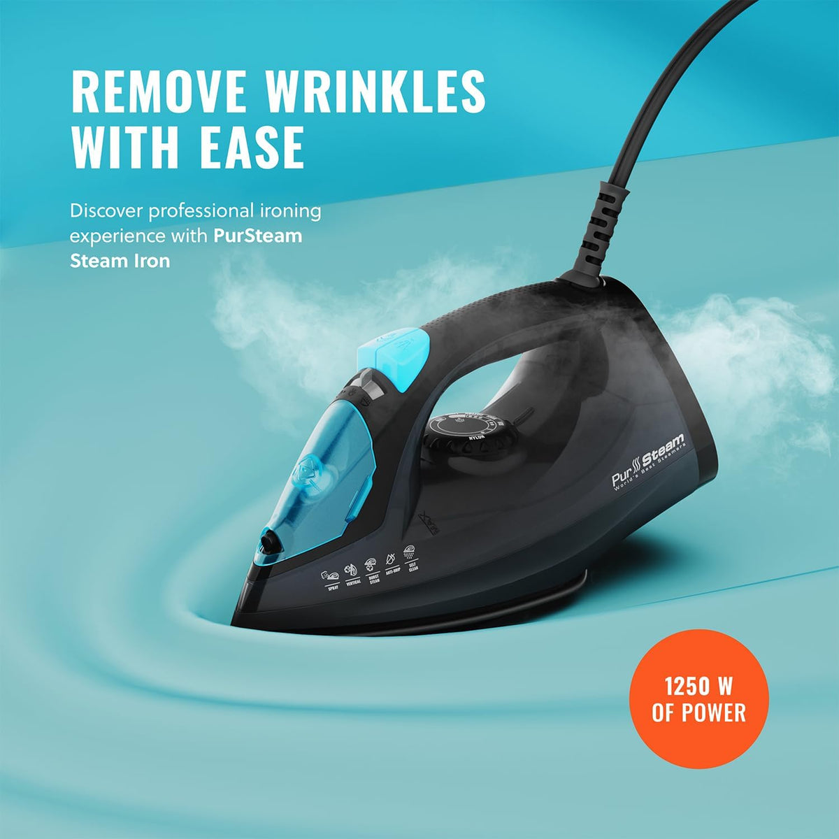 PurSteam Professional 1250W Steam Iron | Powerful Steamer with Burst of Steam & Spray | Non-Stick
