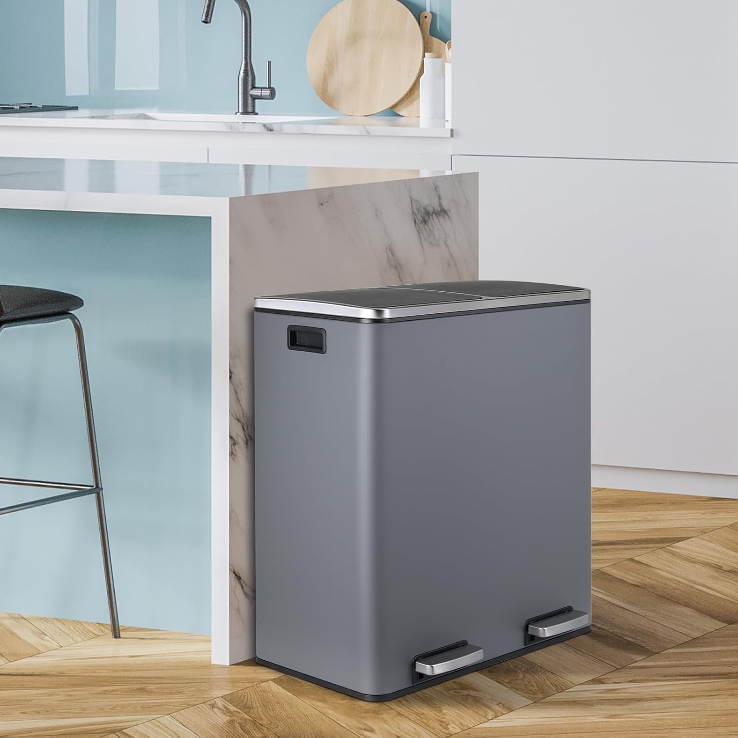 16 Gallon Rectangular Stainless Steel Trash Can, Dual Compartment Garbage Bin with Recycling Combo
