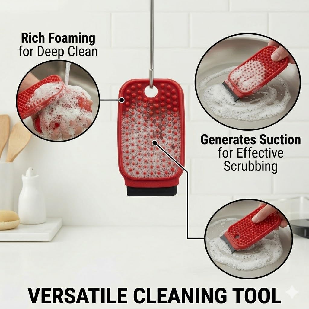 Red 3-in-1 silicone dish scrubber with scraper – view 6