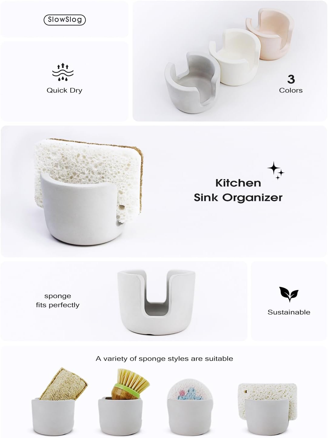 Diatomite Sponge Holder, Quick Dry Stone Sponge Stand for Kitchen Countertop Organizer