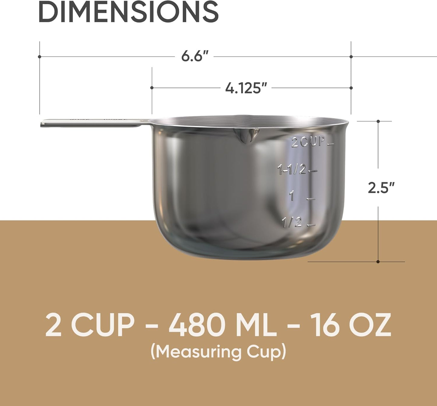 Color Up 2 Cup Measuring Cup, 480ml Stainless Steel Metal, Easy-Pour Spouts, Engraved Markings