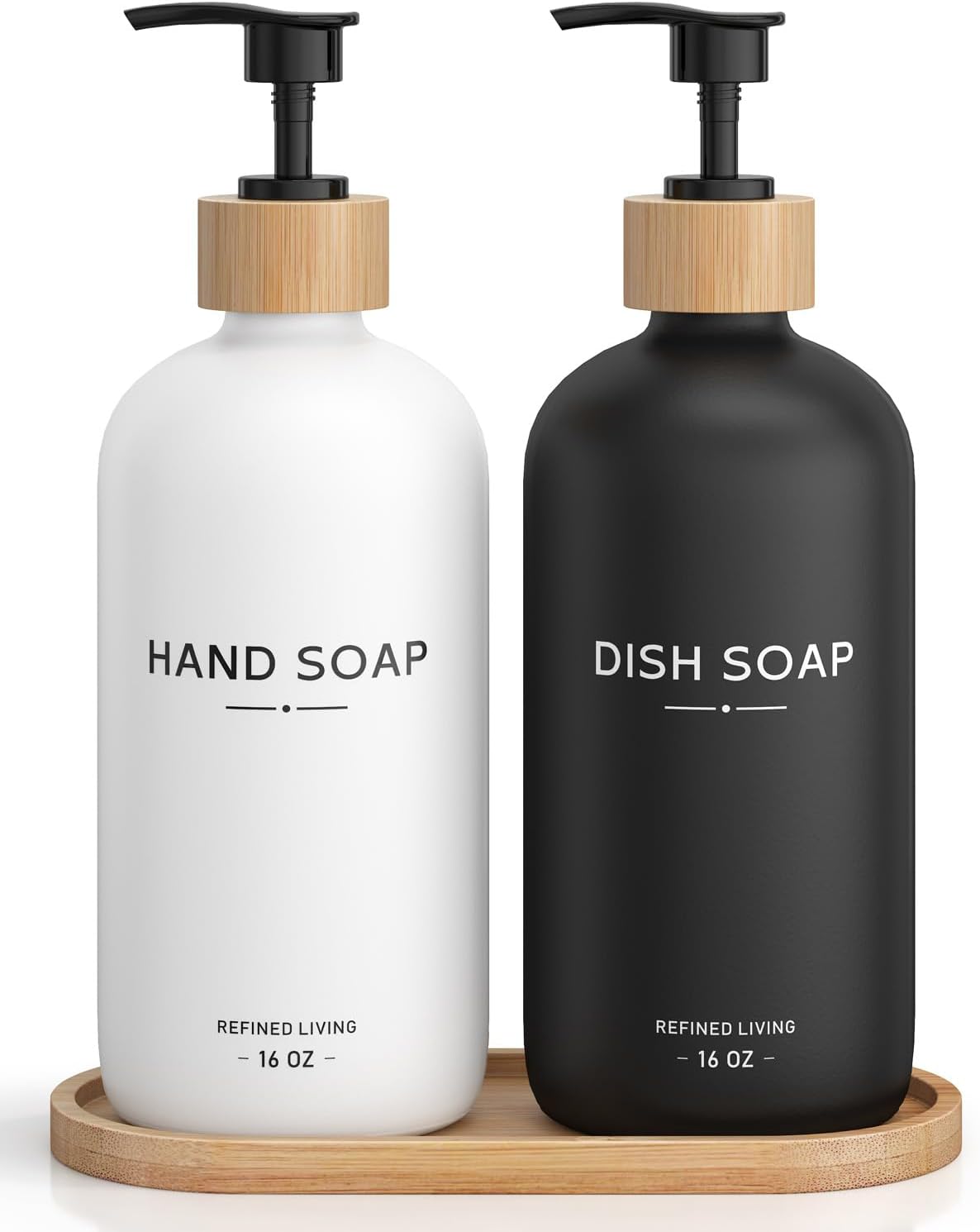 Hand and Dish Soap Dispenser Set,16oz Glass Bottles with Printed Labels, Bamboo Tray &