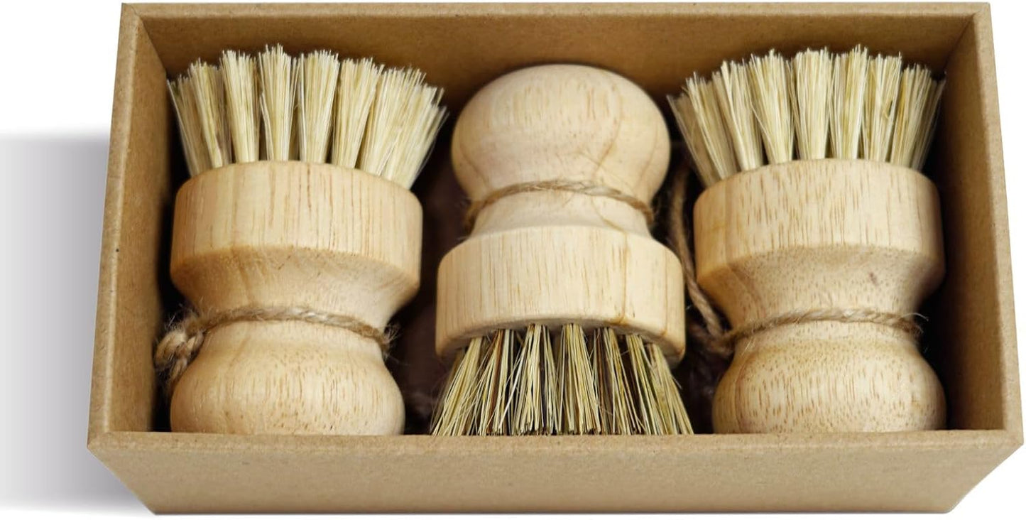 Bamboo Pot & Pan Cleaning Brush Set - 3 Pack Natural Dish Brushes Bamboo Scrub Dish Brushes