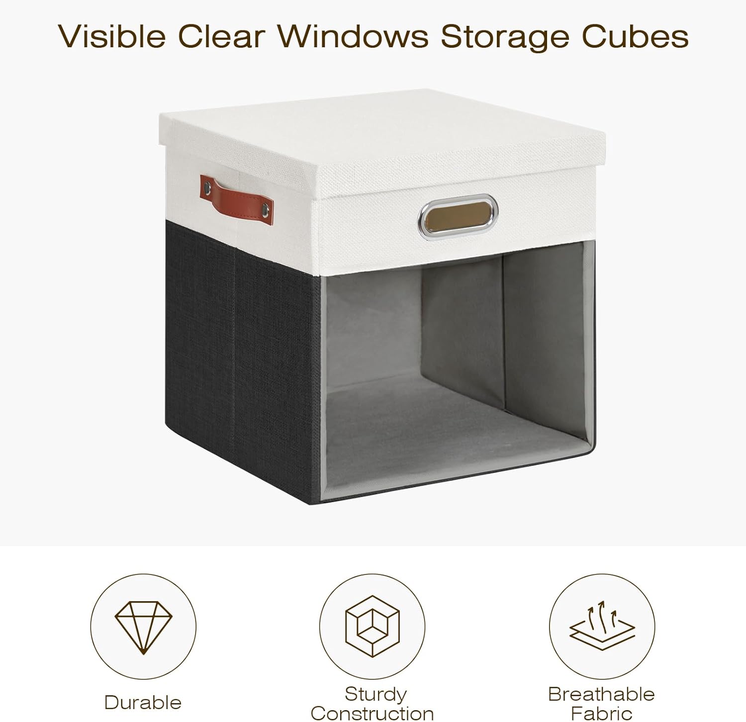Fabric Storage Cubes with Clear Windows and Lids, 13'' Foldable Storage Bins with 3 Handles