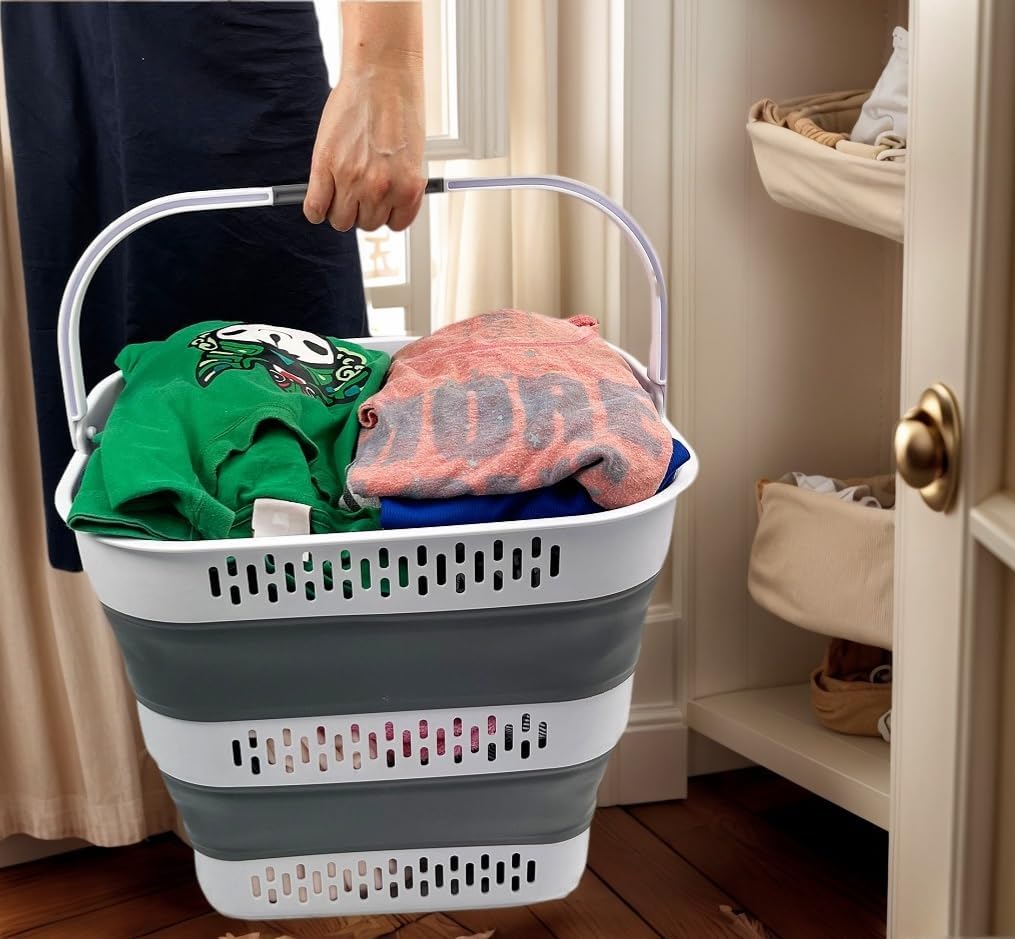 SAMMART 40L (10.5 Gallon) Collapsible Plastic Laundry Basket with Handles - Foldable Pop Up Storage