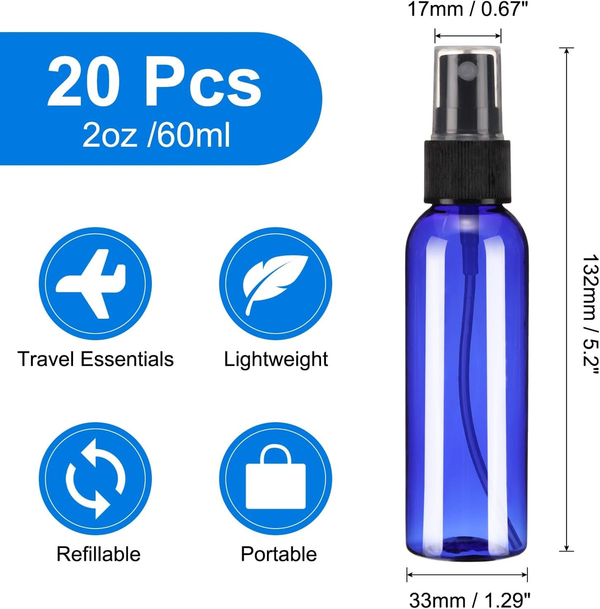 uxcell 20 Pack Spray Bottles, 2 Oz/60ML Reusable Clear Empty Mist Plastic Mini Travel Bottle