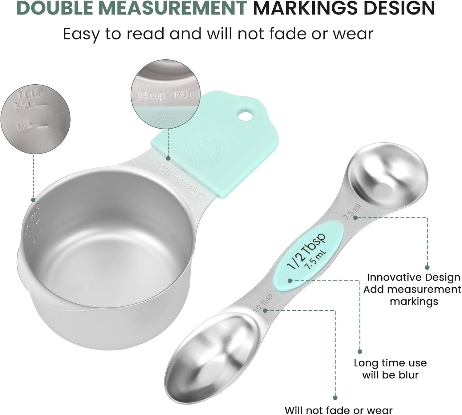 Magnetic Measuring Cups and Spoons Set-Heavy Duty 304 Stainless Steel，Double Measurement