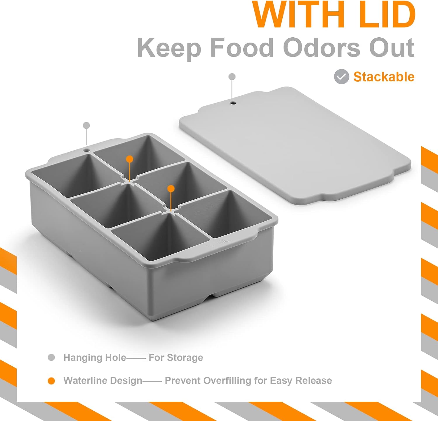 Nax Caki Large Ice Cube Tray with Lid, Stackable Big Silicone Square Ice Cube Mold for Whiskey