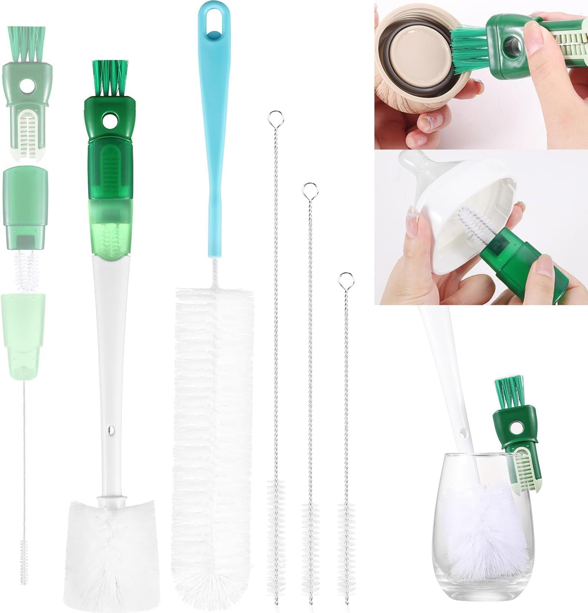 OUTXE 5 Pack Bottle Brush Set, 5-in-1 Water Bottle Cleaner Brush, 15"" Long Handle Bottle Cleaning