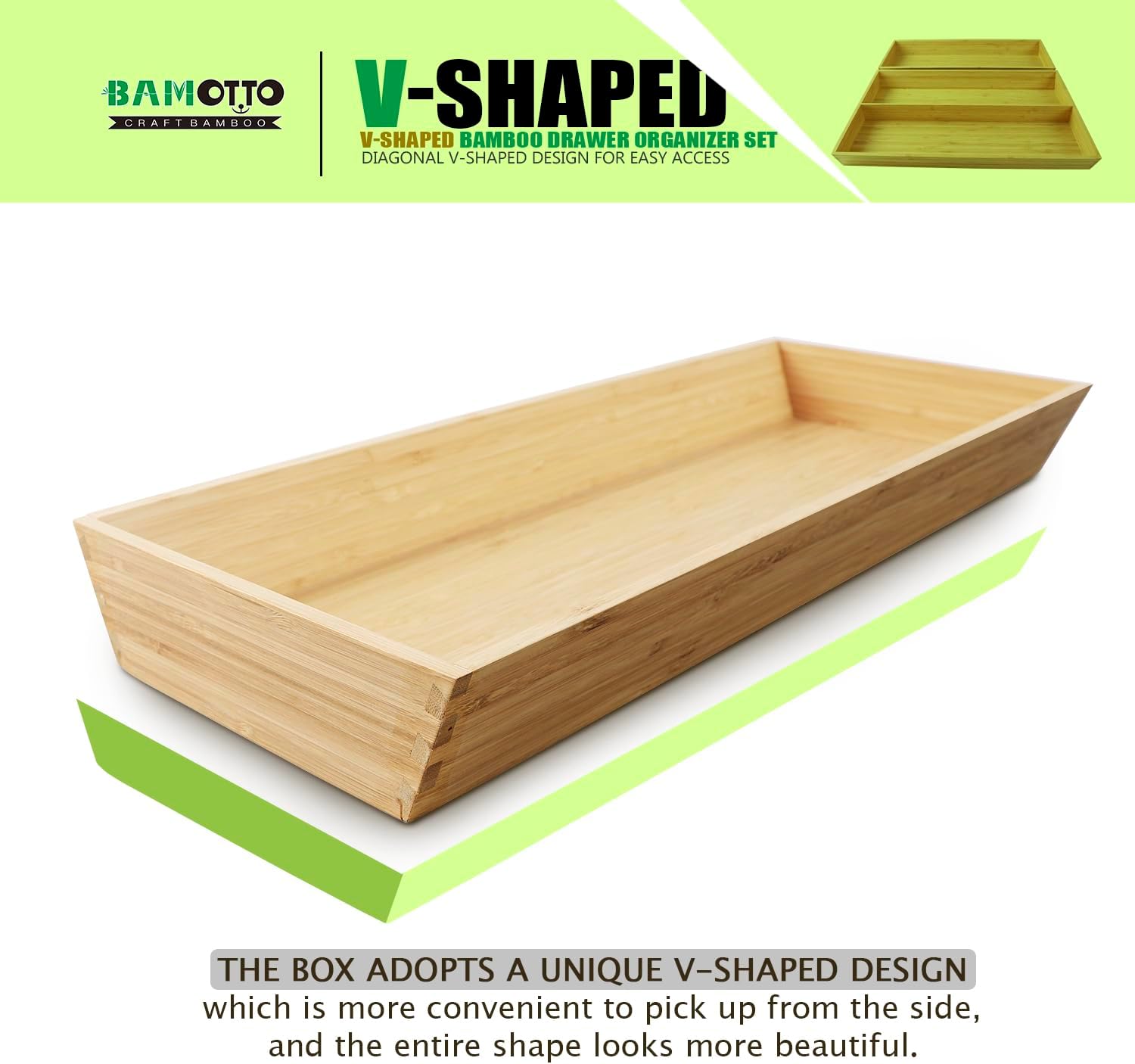 2-Piece V-Shaped Bamboo Drawer Organizer - Ideal for Kitchen's Large Long Tableware, Cooking