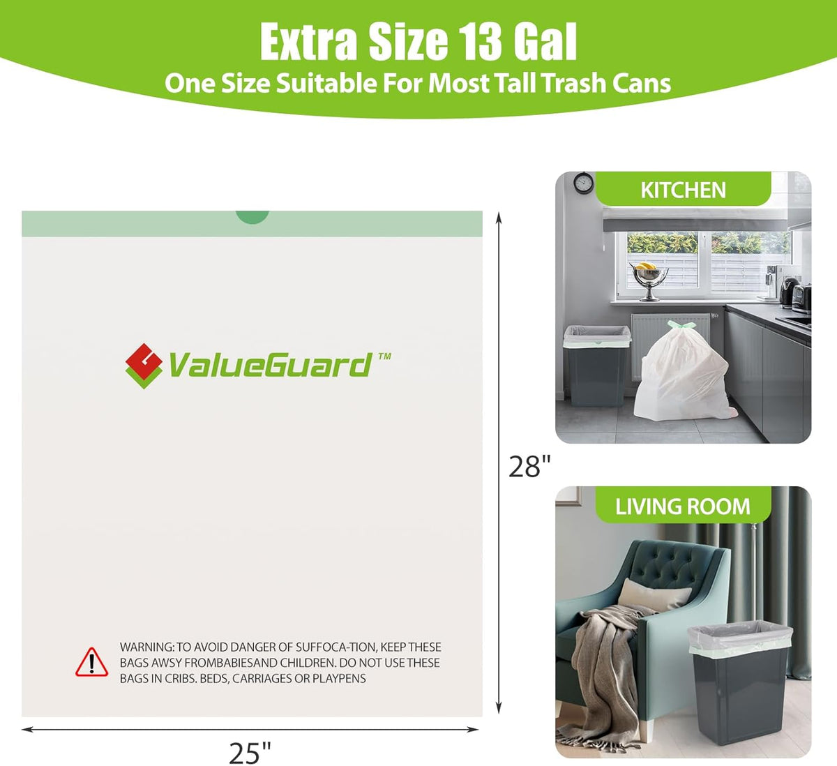Large Trash Bags 13 Gallon Tall Drawstring 100% Post-Consumer Recycled Garbage Bag Waste Bag for