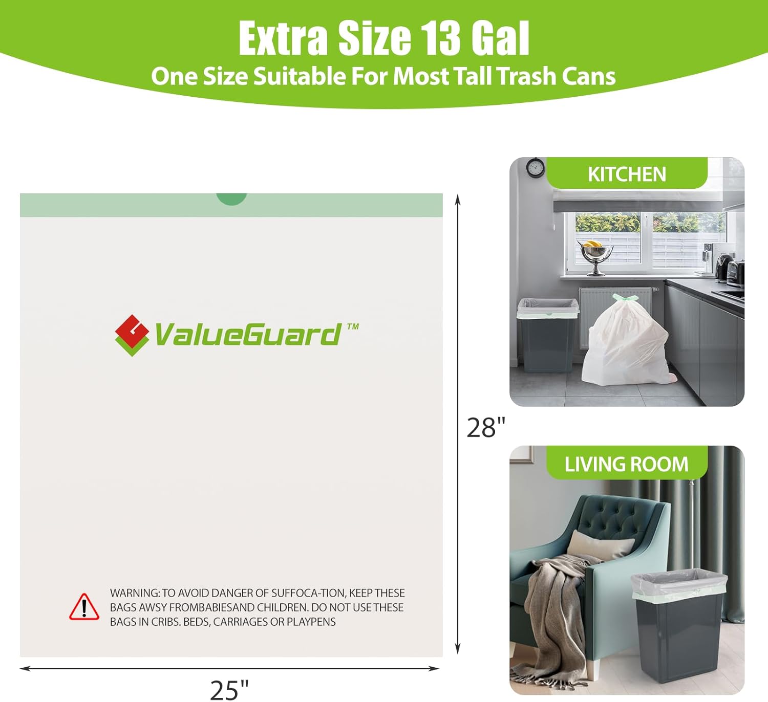 Large Trash Bags 13 Gallon Tall Drawstring 100% Post-Consumer Recycled Garbage Bag Waste Bag for