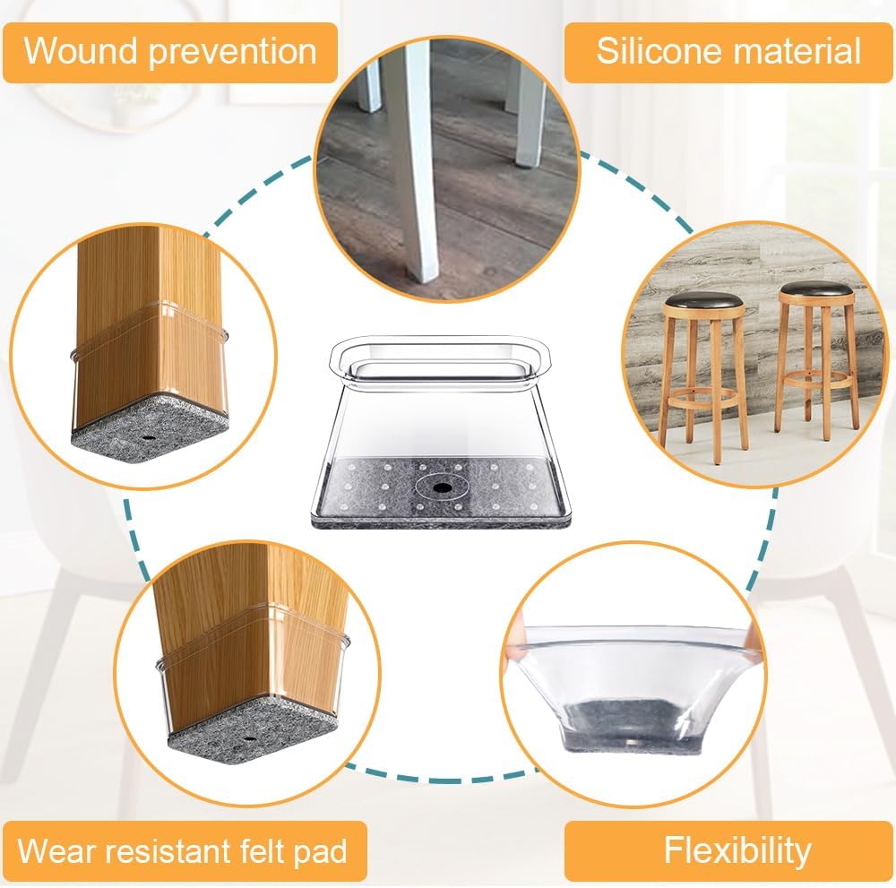 32 Pcs Rectangle Chair Leg Floor Protectors for Hardwood - Silicone Felt Furniture Pads