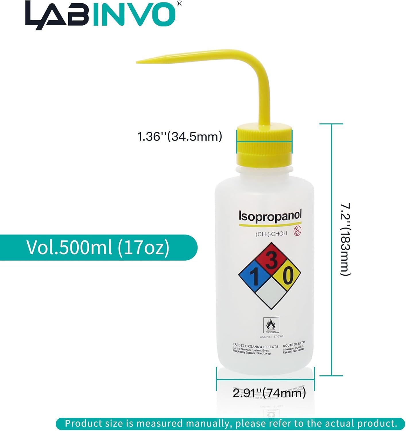 Isopropanol Wash Bottle, 1 PC of Vol.500ml (17oz), Narrow Mouth, Self-Venting Safety Wash Bottles